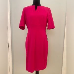 NWT: Tahari ASL magenta/pink sheath dress with v neck, gold zipper back size 6